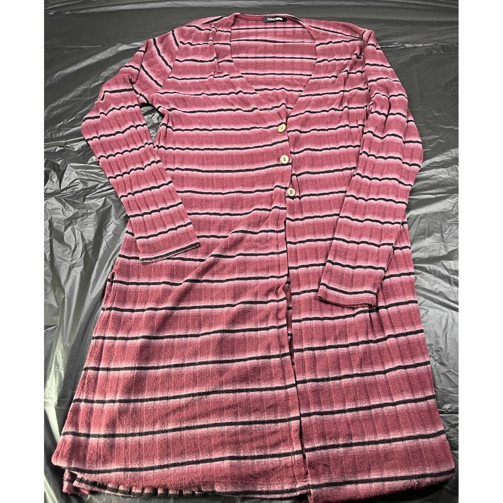 Fashion Nova Womens Burgundy Black Striped Ribbed Knit Cardigan Sweater V Neck B